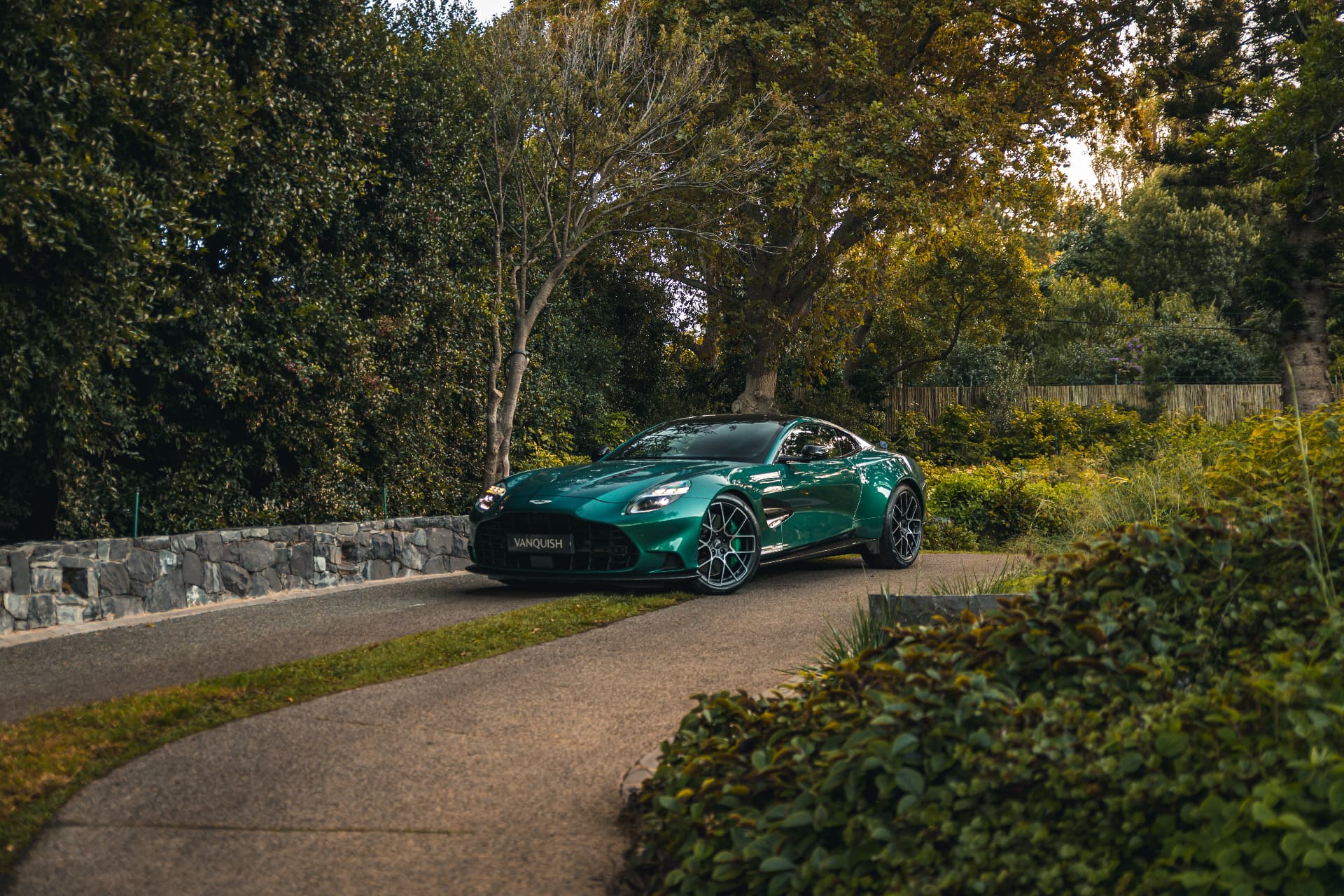 Green Aston Martin Vanquish parked on a tree-lined driveway